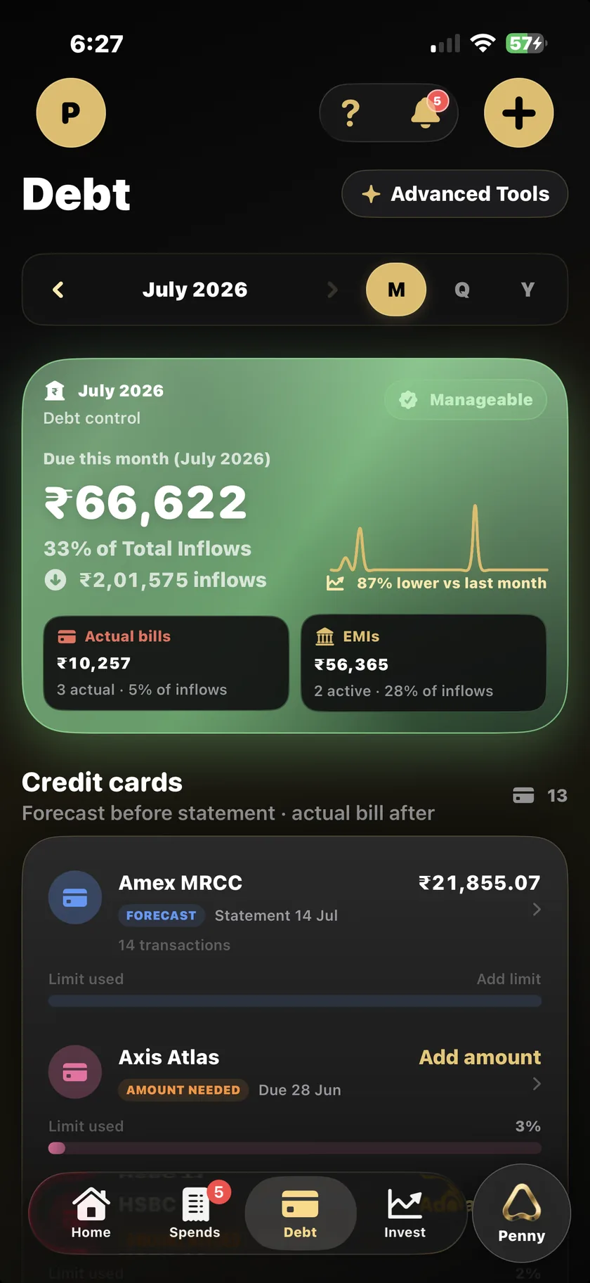 Accio Money debt screen with loans and credit cards