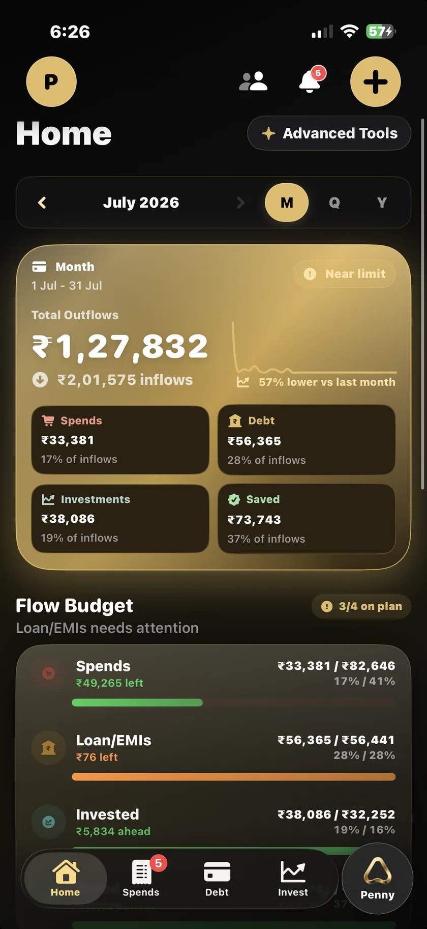 Accio Money home screen with a monthly financial overview
