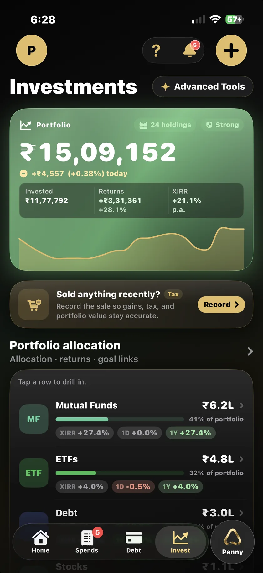 Accio Money investments screen with returns and allocation