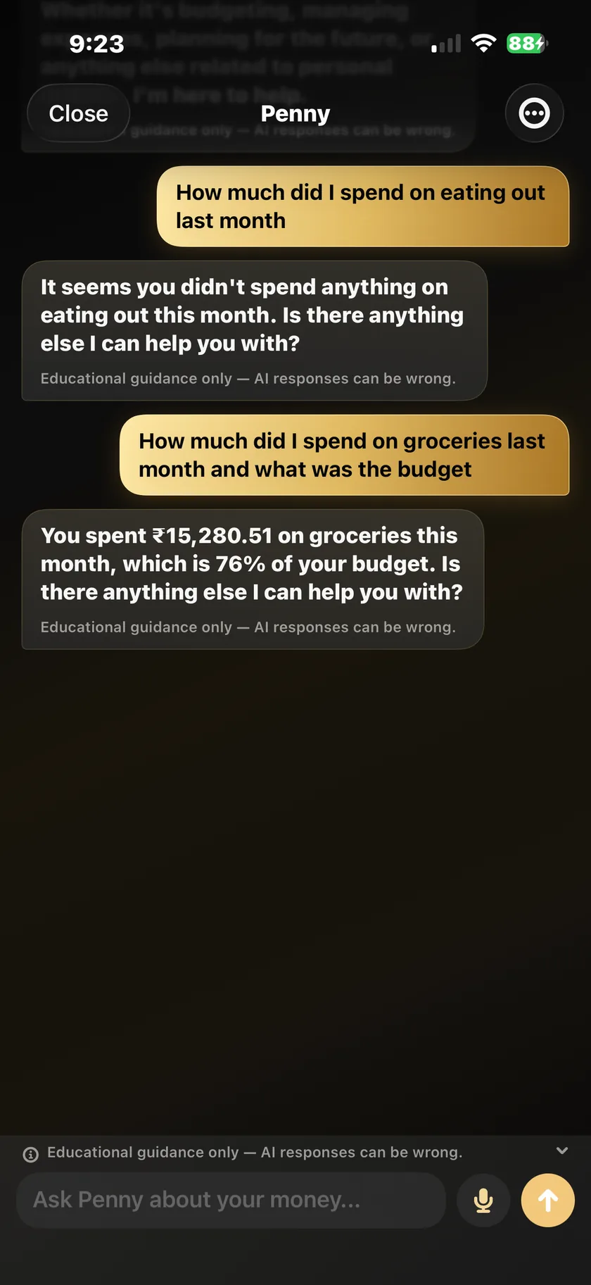 Penny chat answering a question about grocery spending