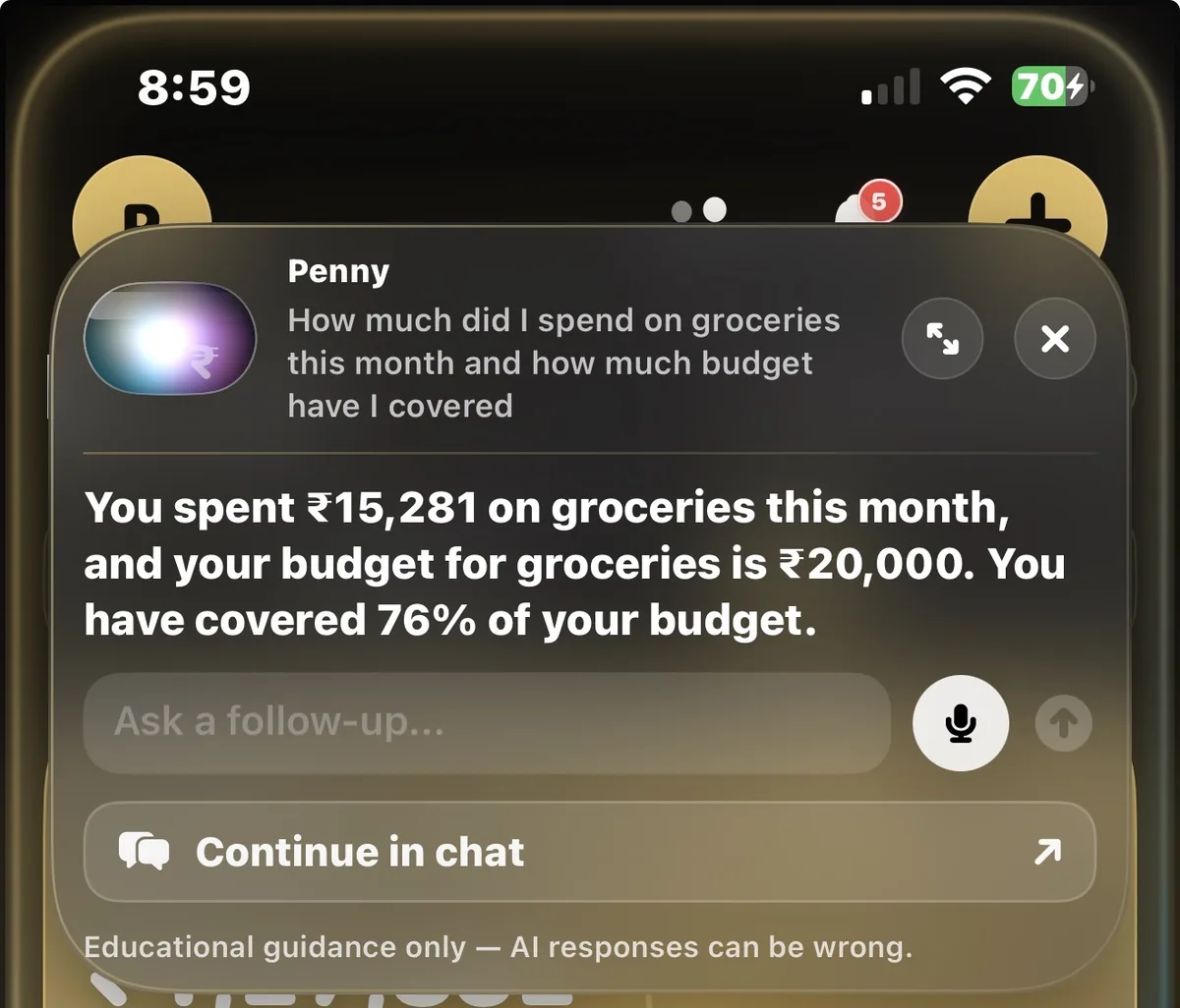Penny answering a grocery budget question in an on-screen assistant view