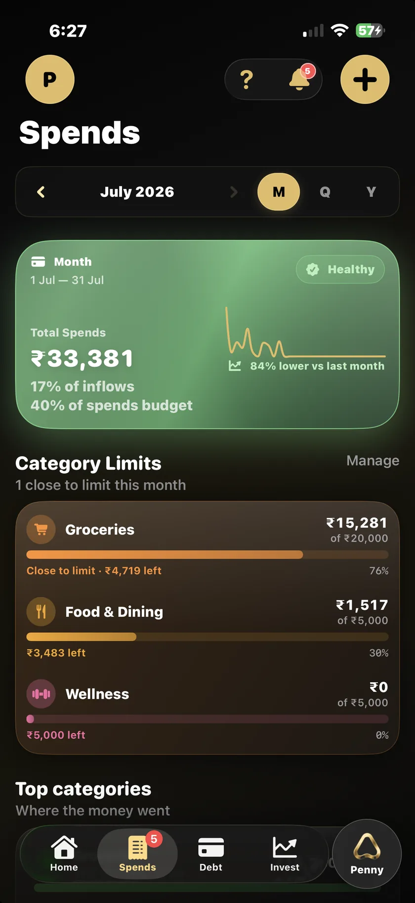 Accio Money spending screen with category limits